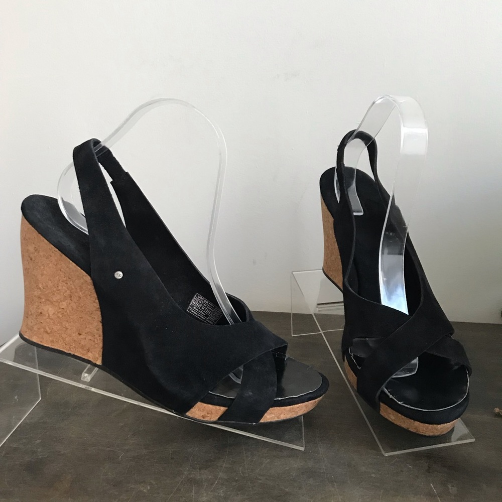 UGG BLACK SLINGBACK OPEN TOE SUEDE WEDGES